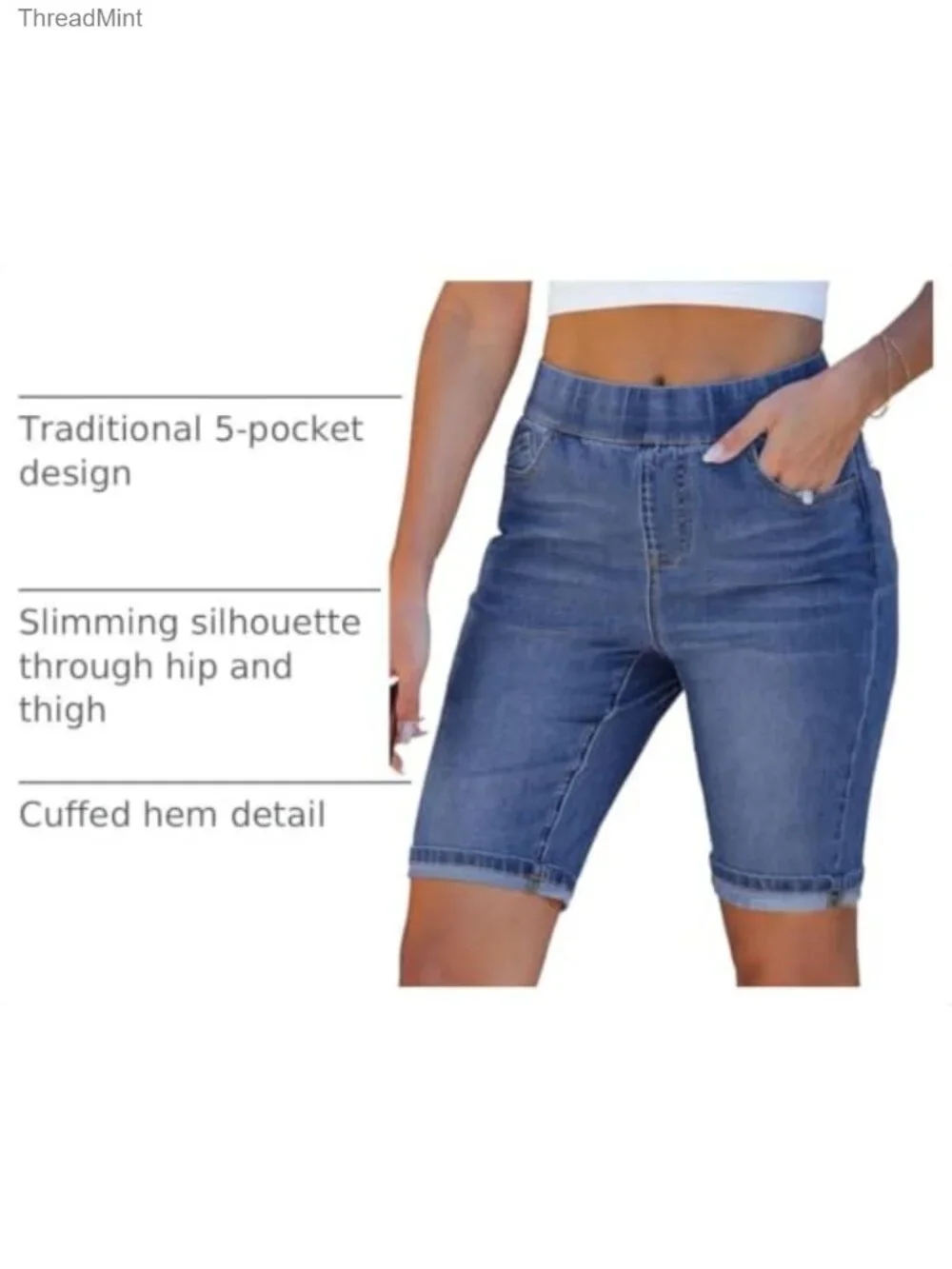 High Waisted Bermuda Shorts for Women with 10 Inch Inseam Stretchy Denim Long